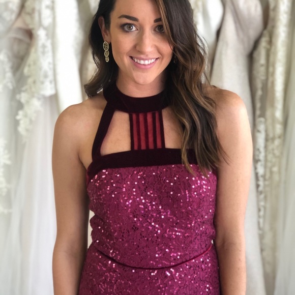 Maroon/Burgundy Sequin and Velvet Short Dress - Picture 1 of 8